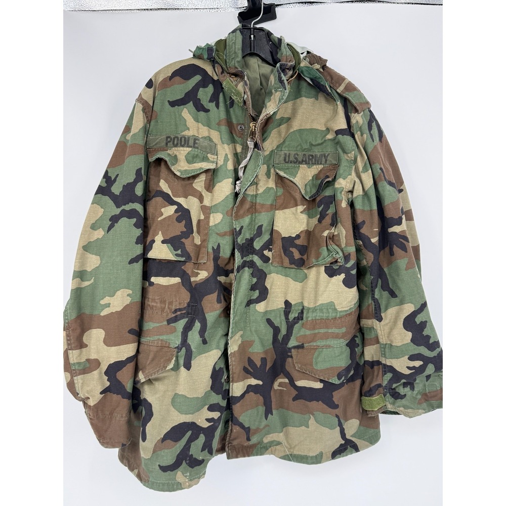Vtg US Army Woodland Camo Field Jacket Medium Long M65‎ Style Hooded Military